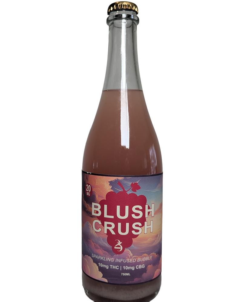 Bottle of 'Blush Crush' sparkling THC infused bubbly with a colorful label on a white background.