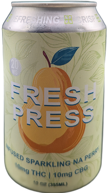 Can of Fresh Press sparkling pear thc drink with pear illustration on a white background