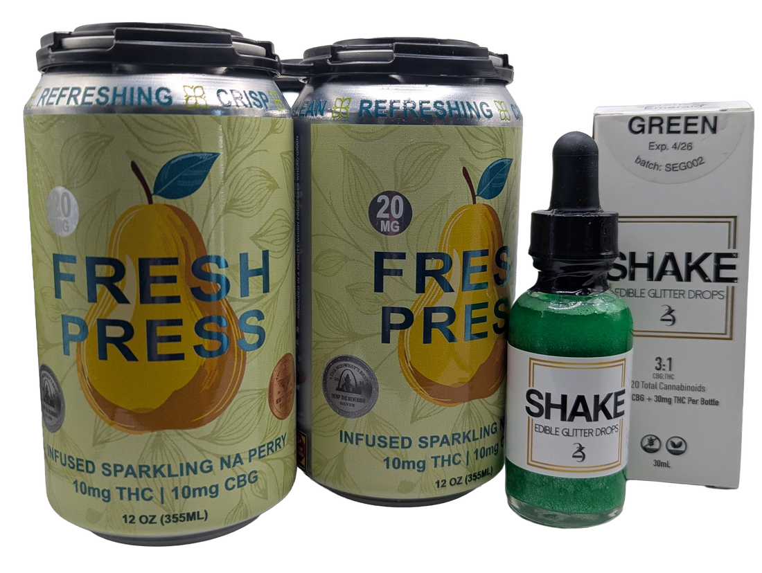 4-pack of cans of 'Fresh Press' THC infused Perry with a bottle of 'Shake' Emerald green and a box on a white background.
