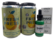 4-pack of cans of 'Fresh Press' THC infused Perry with a bottle of 'Shake' Emerald green and a box on a white background.