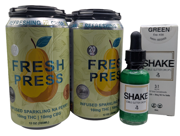4-pack of cans of 'Fresh Press' THC infused Perry with a bottle of 'Shake' Emerald green and a box on a white background.