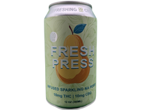 Can of Fresh Press sparkling pear cider with a pear graphic on a white background