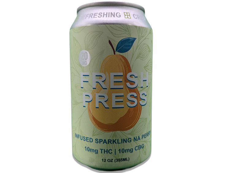 Can of Fresh Press sparkling pear cider with a pear graphic on a white background
