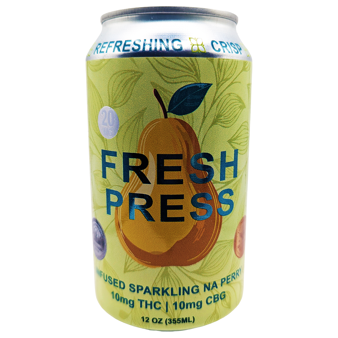 Can of Fresh Press THC infused NA Perry with pear illustration on a white background