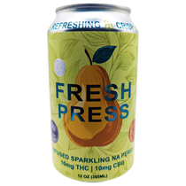 Can of Fresh Press THC infused NA Perry with pear illustration on a white background