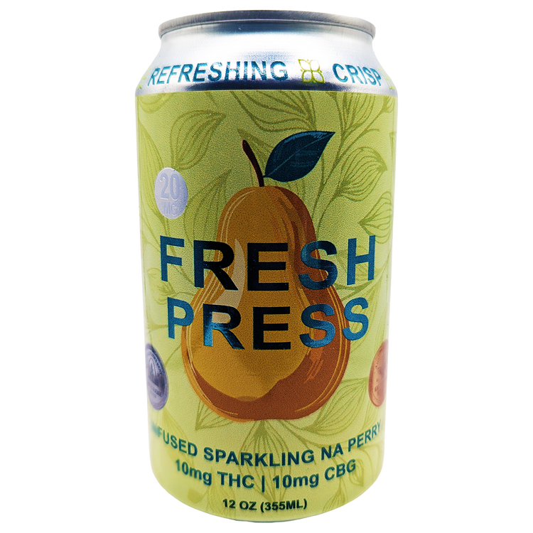Can of Fresh Press THC infused NA Perry with pear illustration on a white background