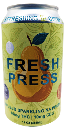 Can of Fresh Press THC infused pear cider with a pear illustration on a green background