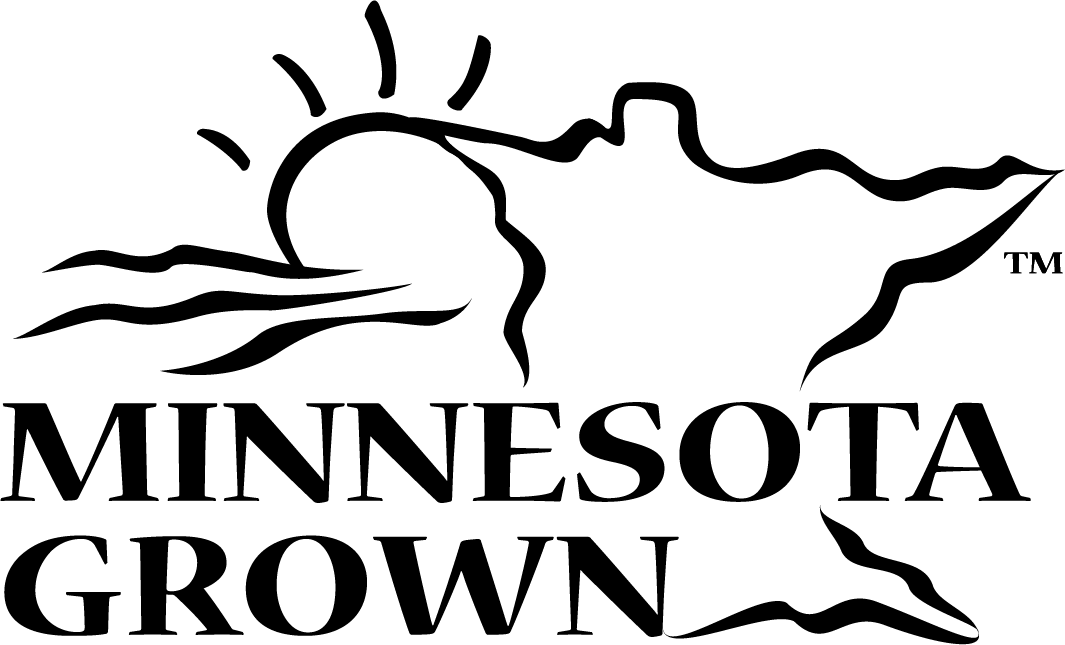 Logo of 'Minnesota Grown' with a stylized outline of the state of Minnesota and a sun.
