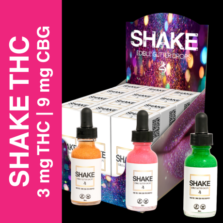 Shake THC products including bottles and a box on a black background with pink text.