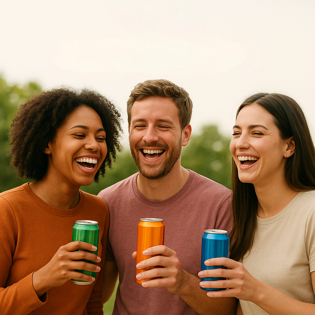 Three friends laughing and holding colorful cans of THC drinks outdoors.