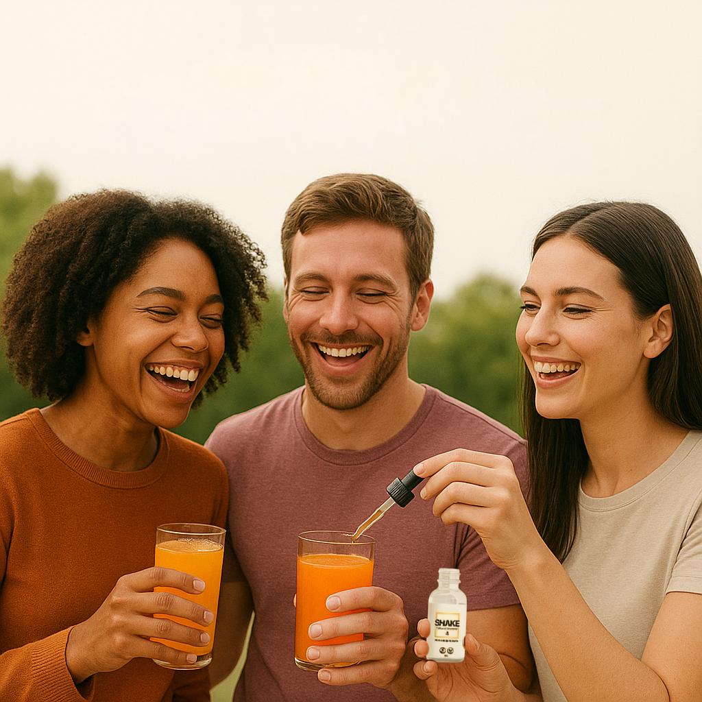 Three people enjoying THC drink enhancers with a dropper and small bottle, outdoors.