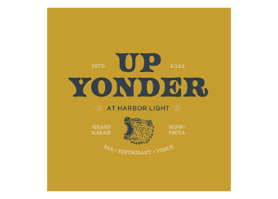 Logo for 'Up Yonder at Harbor Light' with text and a bear illustration on a yellow background.