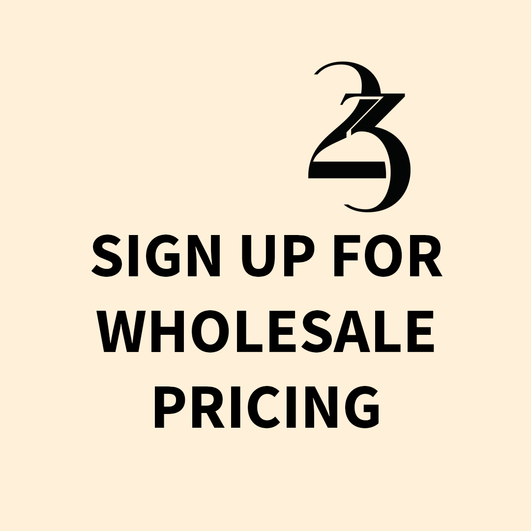 Text 'Sign up for wholesale pricing' with a logo on a beige background