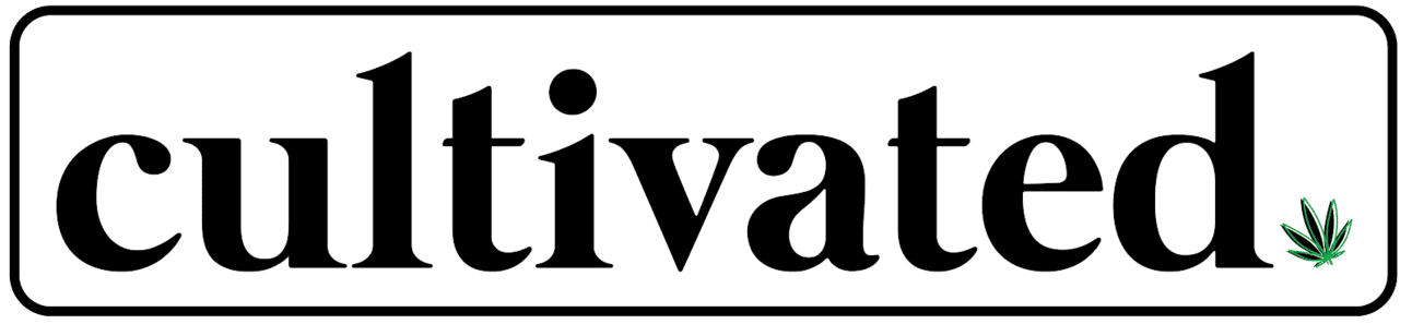 Logo with the word 'cultivated' and a small cannabis leaf on a white background