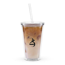Clear iced coffee cup with a straw and logo on a white background