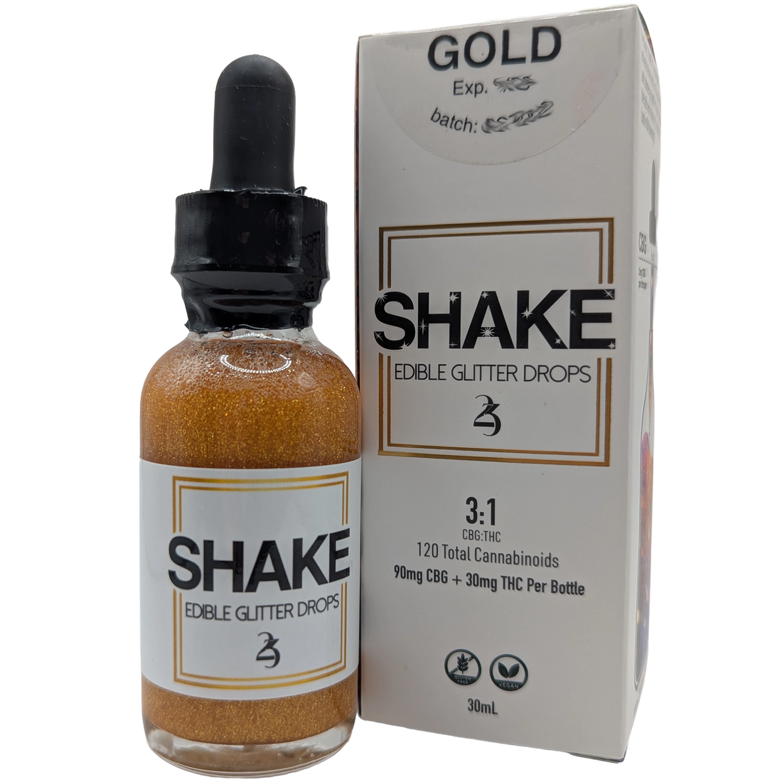 Bottle and packaging of 24k Shake Edible THC infused Glitter Drops with 'Gold' label on a white background