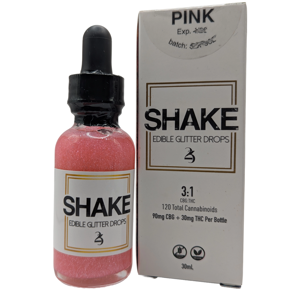 Bottle of pink Cosmo 'SHAKE' edible THC infused glitter drops with packaging on a white background