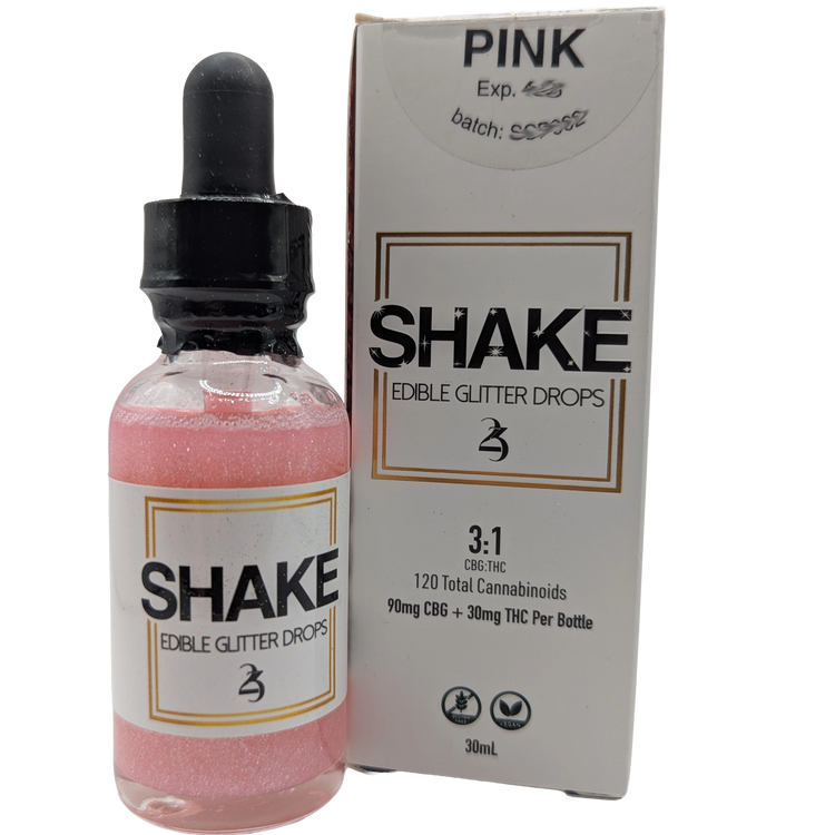 Bottle of 'Shake' edible THC infused glitter drops with packaging on a white background