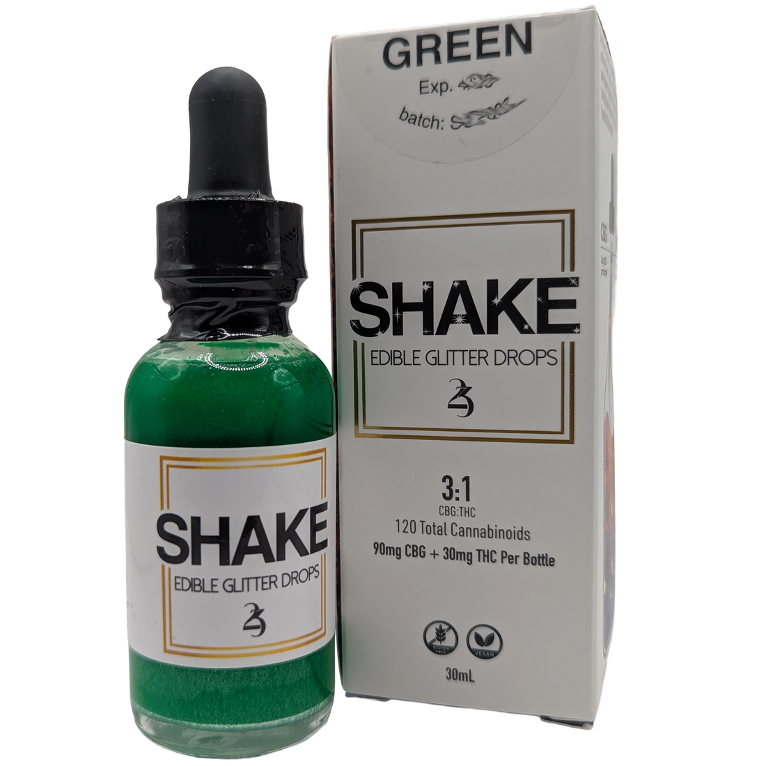 Green Emerald SHAKE edible THC infused glitter drops bottle with packaging on a white background