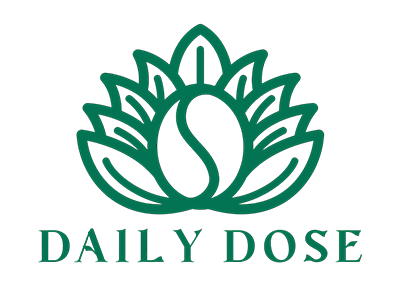 Logo of 'Daily Dose' with green leaves and a white circle on a white background