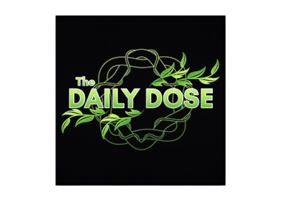 Logo of 'The Daily Dose' with green text and leaf design on a black background