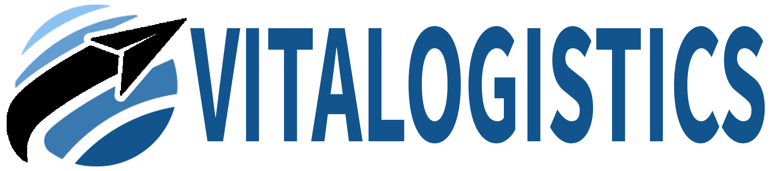 Vitalogistics logo with blue text and a stylized arrow on a white background